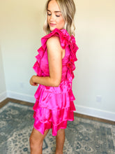Load image into Gallery viewer, Solid Satin Ruffle Smocked VNeck Dress