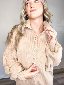 Pearl Button Up Sweater - Latte