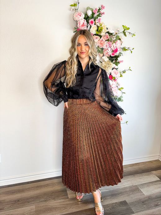 Copper Pleated Maxi Skirt