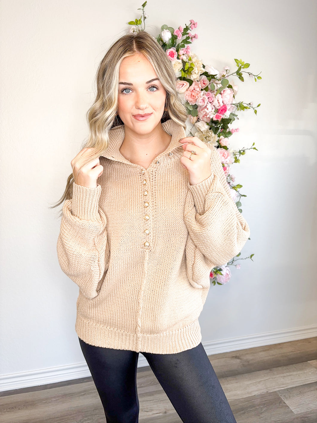 Pearl Button Up Sweater - Latte