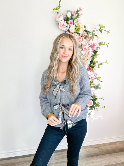 Sequin Bow Grey Cardigan